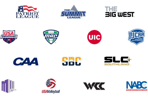 Patriot League, The Summit League, The Big West, USA Swimming MAC, UIC, NJCAA, CAA, SBC, SLC, MW, USA Volleyball, WCC, NABC