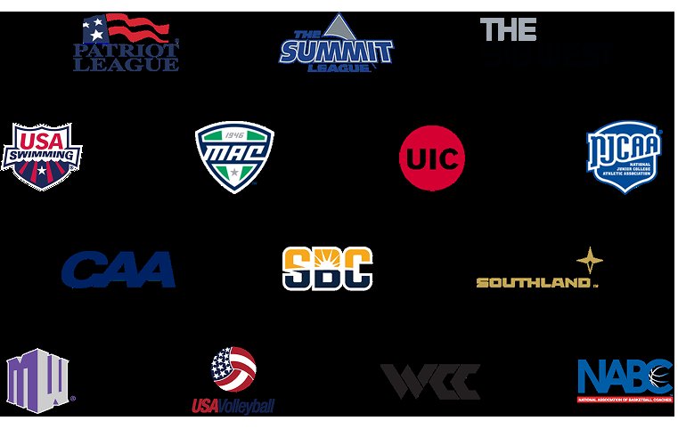 Patriot League, The Summit League, The Big West, USA Swimming MAC, UIC, NJCAA, CAA, SBC, SLC, MW, USA Volleyball, WCC, NABC